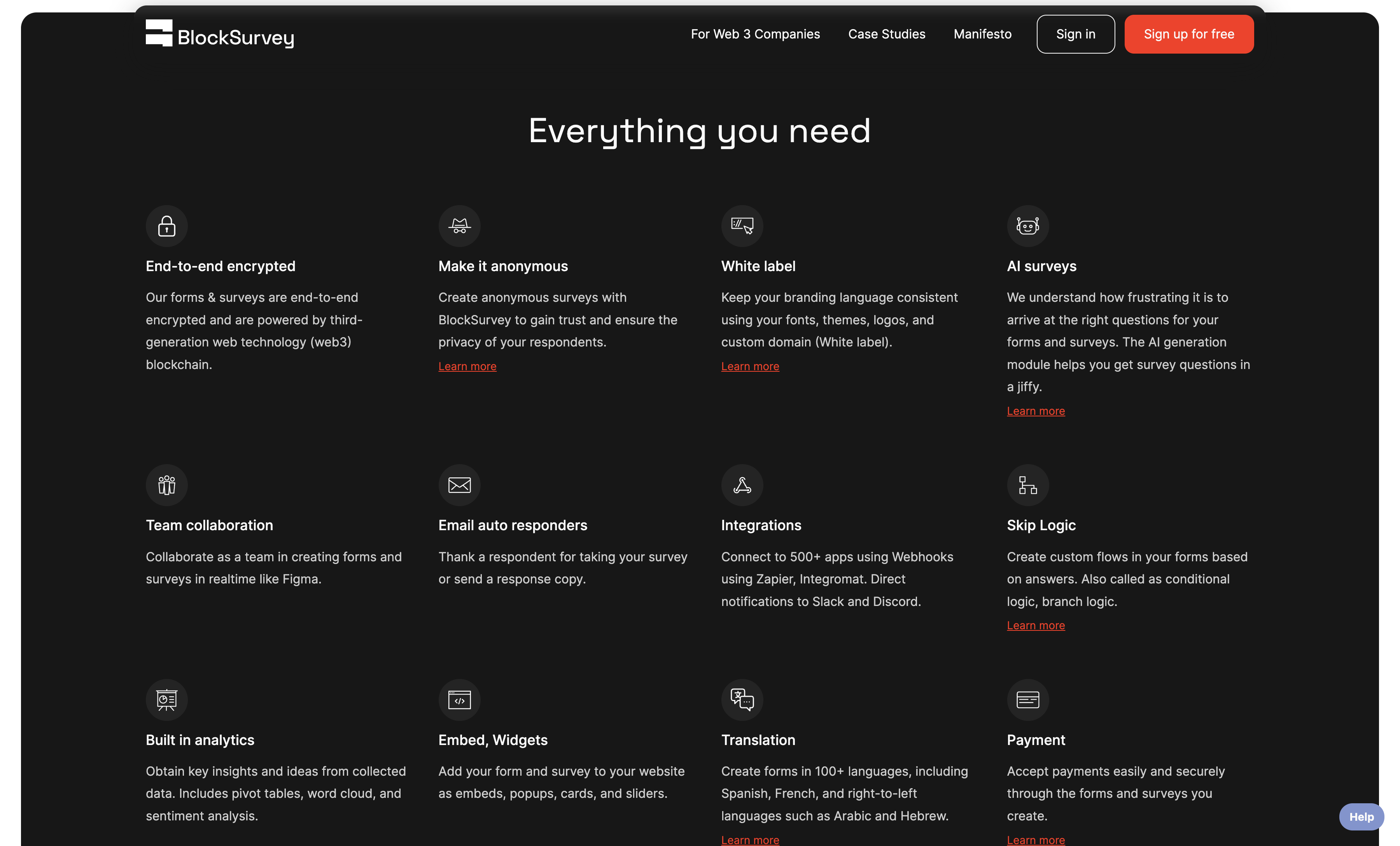 Screenshot of BlockSurvey's features section on their homepage